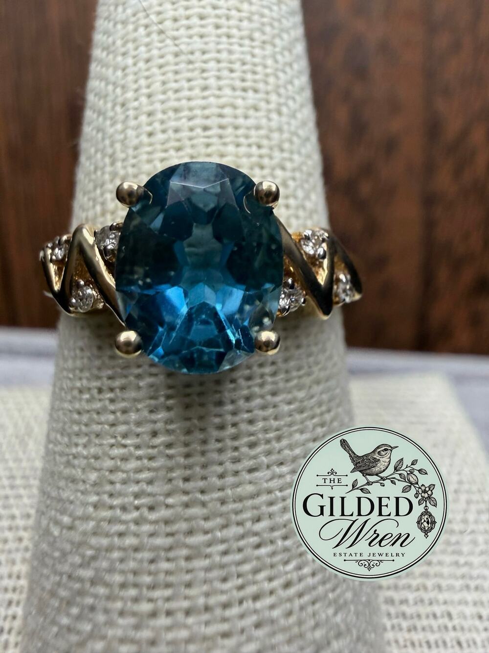 10K Yellow Gold Blue Topaz Diamond Accent Ring 9x7mm Oval Estate Jewelry